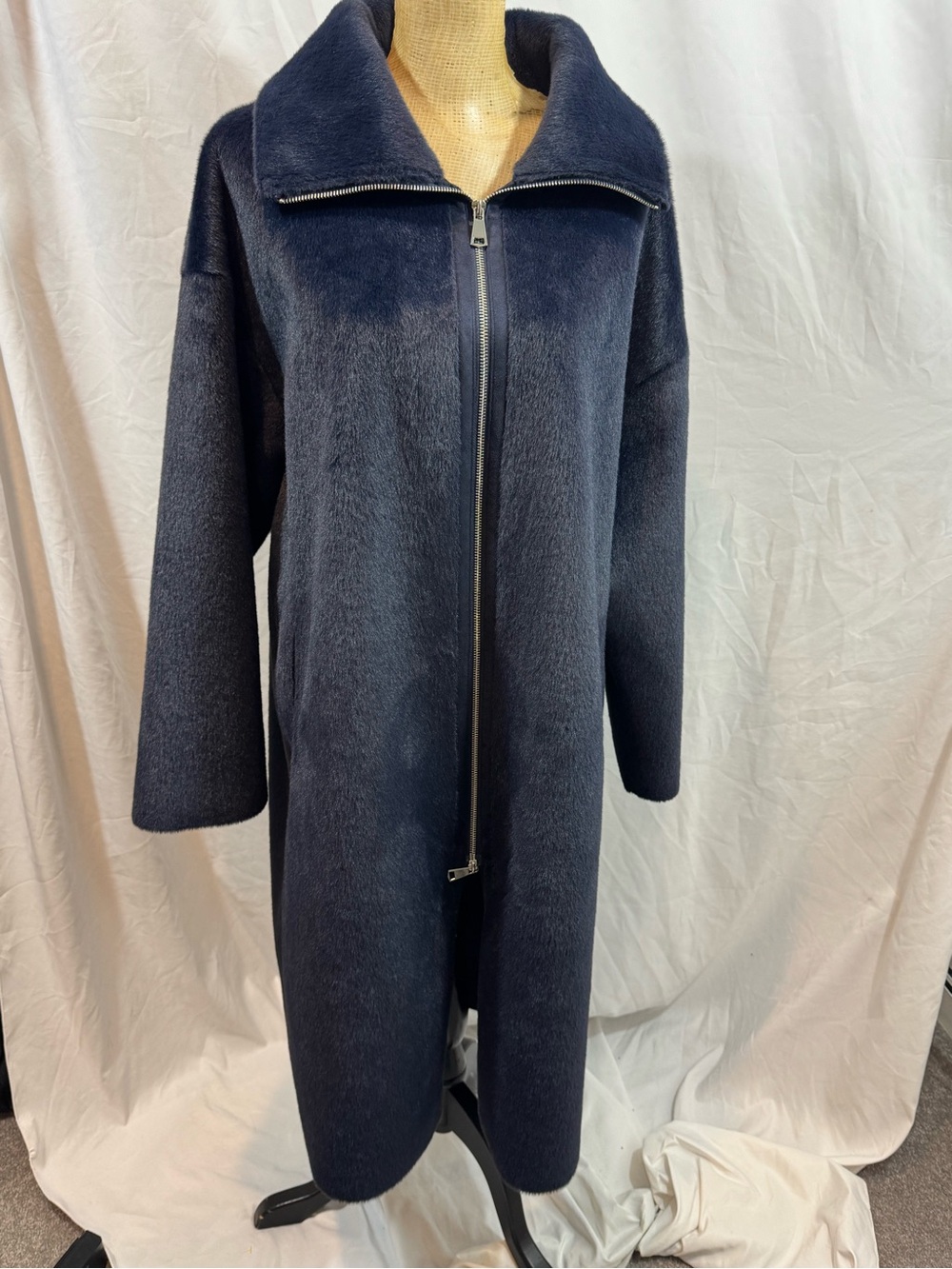 Free People Navy Zip-Up Long Trench Coat S